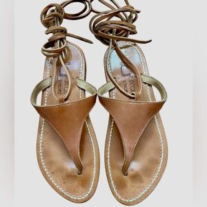K Jacques St Tropez Sandals Womens 6.5 Tan Leather Thong Lace Up Wrap Flat